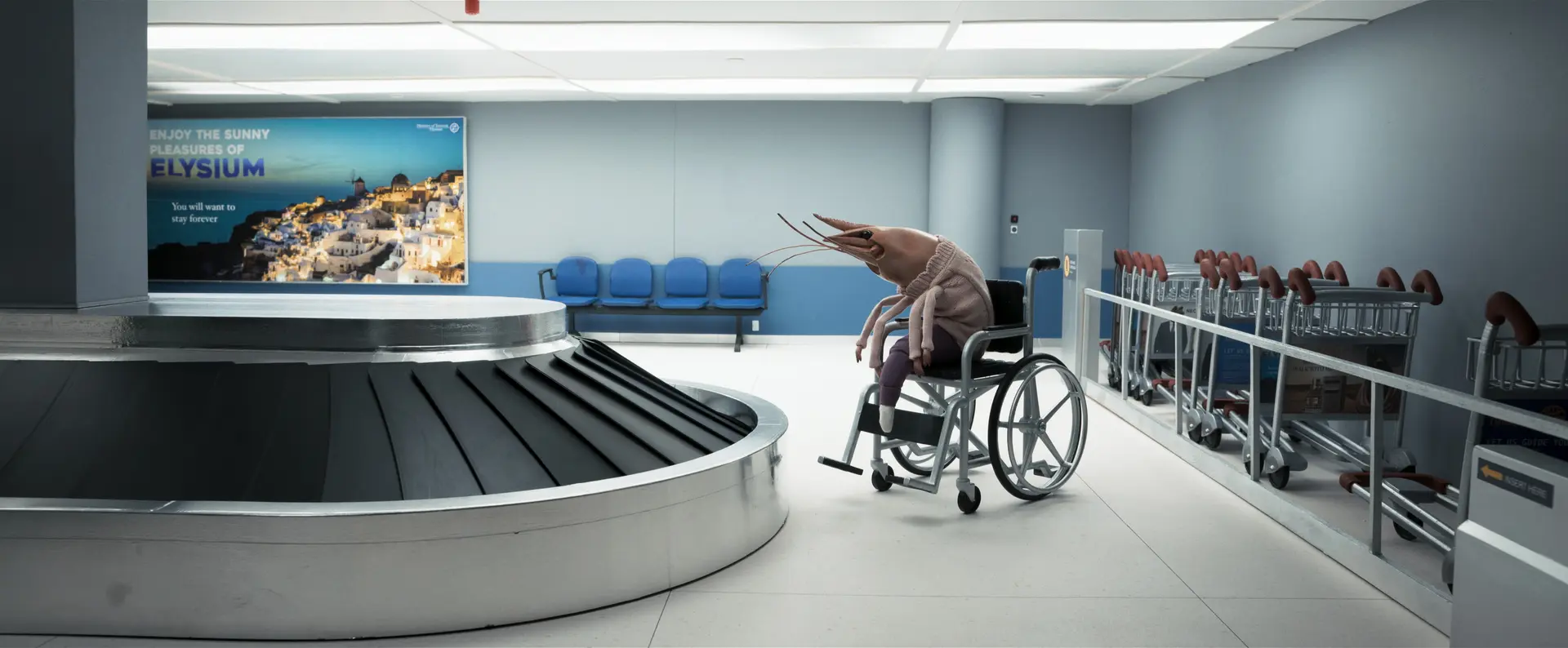 An airport security scene from The End